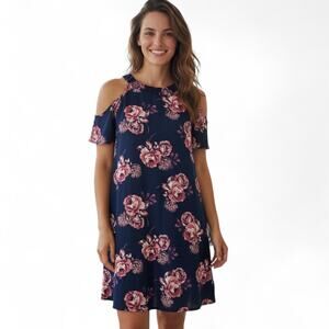 Love Reign Women’s Navy Floral Cold Shoulder Smock Mini Dress XS